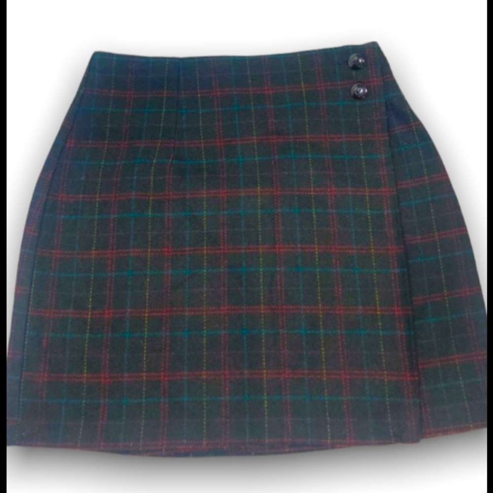 Vintage Plaid Wrap Wool Skirt Size 9 Black Skirt Lined.